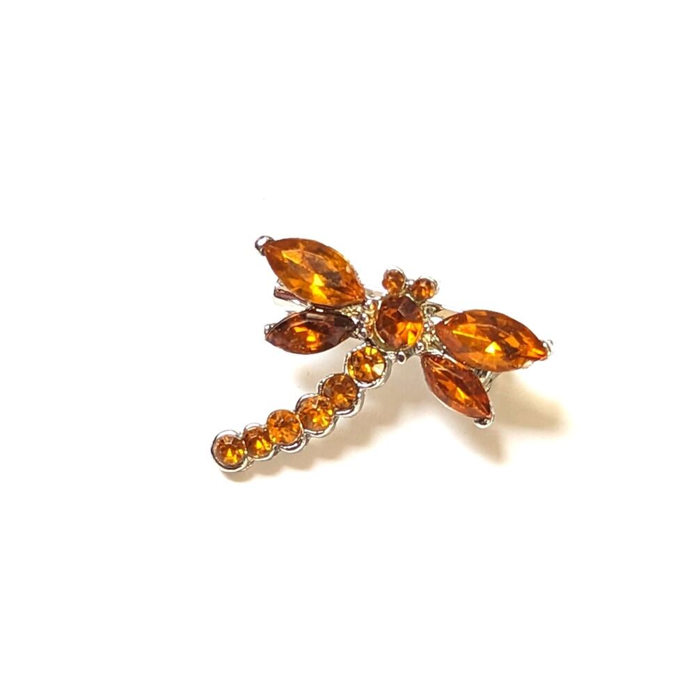 Vintage Glass Topaz Amber Silver Tone Rhinestone Dragonfly Figural Brooch